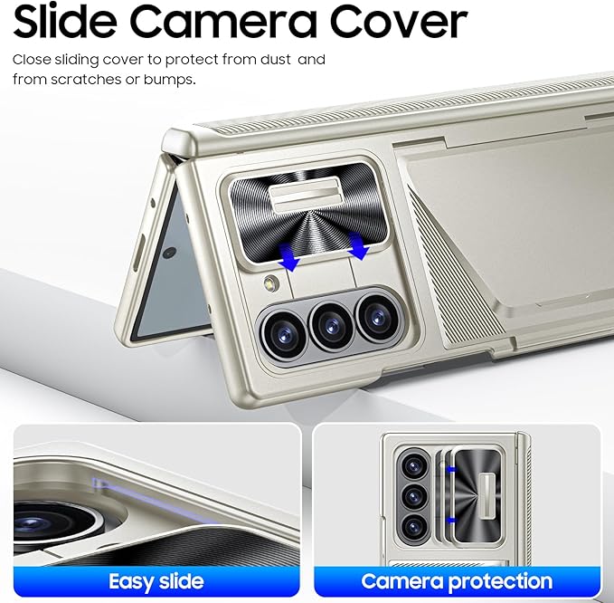 for Samsung Galaxy Z Fold 6 Case with Card Holder RFID Blocking & Slide Camera Cover& Hinge Protection& Full-Body Rugged Shockproof Wallet Case for Galaxy Z fold 6, Titanium Gold