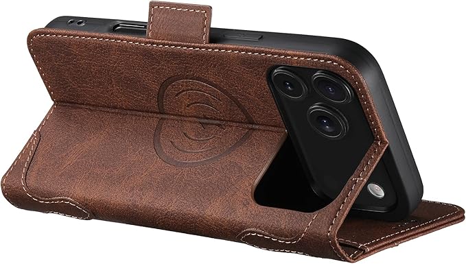 Leather Magnetic Wallet Case for iPhone 17 Compatible with MagSafe & Wireless Charging, 3 Card Slots & ID Holder, Kickstand, 360° Military Shockproof Protection Premium Brown