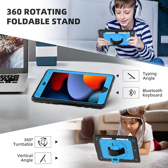 Case for iPad 9th/8th/7th Generation-Built-in Screen Protector,with Pencil Holder&360°Rotating Hand Strap,Shoulder Strap,Case for iPad 10.2 inch 2021-2019(Black/Sky Blue)