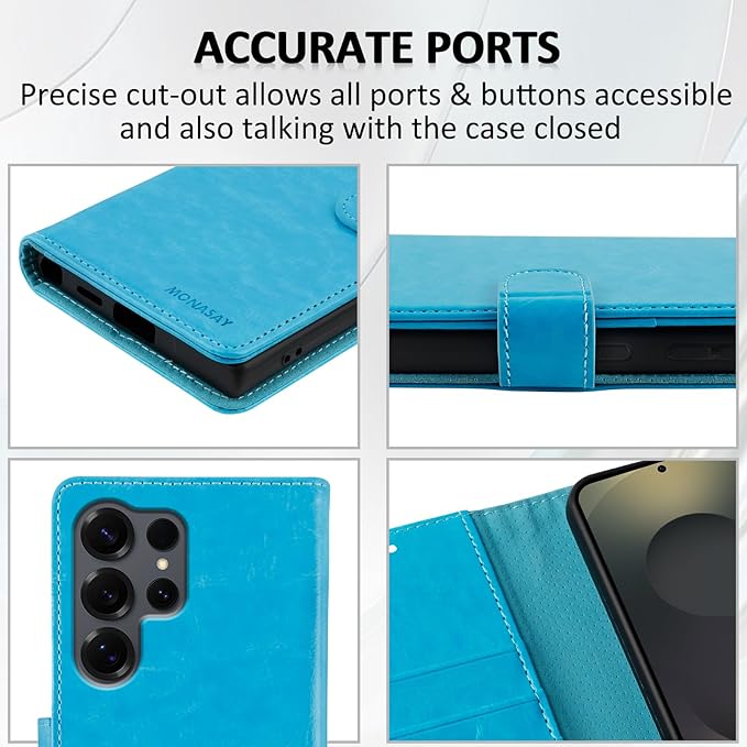 MONASAY Wallet Case Fit for Samsung Galaxy S25 Ultra 6.9 inch, [Lens & Glass Screen Protector Included] [RFID Blocking] Flip Folio Leather Cell Phone Cover with Credit Card Holder, Light Blue