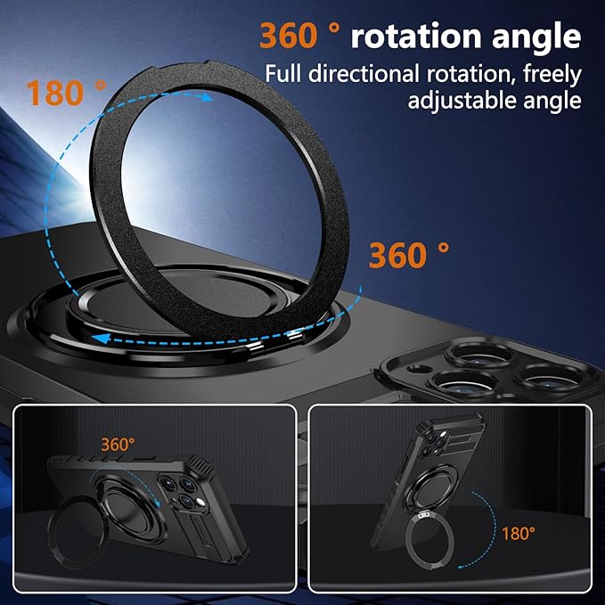 for iPhone 12 Pro Case Compatible with MagSafe Magnetic,with 2 Screen Protectors,Built-in 360° Kickstand Ring,Military Grade Drop Shockproof Heavy Duty Protection for 12 Pro Phone Case Black
