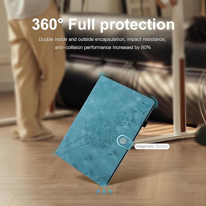 Dandelion Cover for Galaxy Tab A9 Plus Case 5g 11 Inch, Soft Touch Premium Faux Leather Made with Card Slots and Kickstand, Water-Proof Precise Cutouts Compatible with A9+(SM-X210/X216/X218) Blue