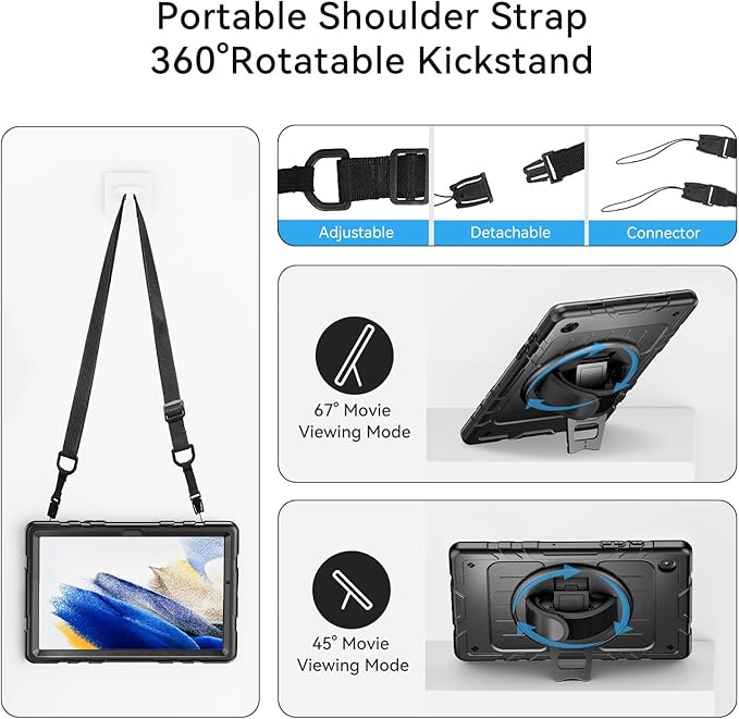 for Samsung Galaxy Tablet A8 Case 10.5 inch 2022 SM-X200/X205/X207 with Screen Protector [360 Rotating Stand] &Hand Shoulder Strap Shockproof Rugged Protective Cover|Black