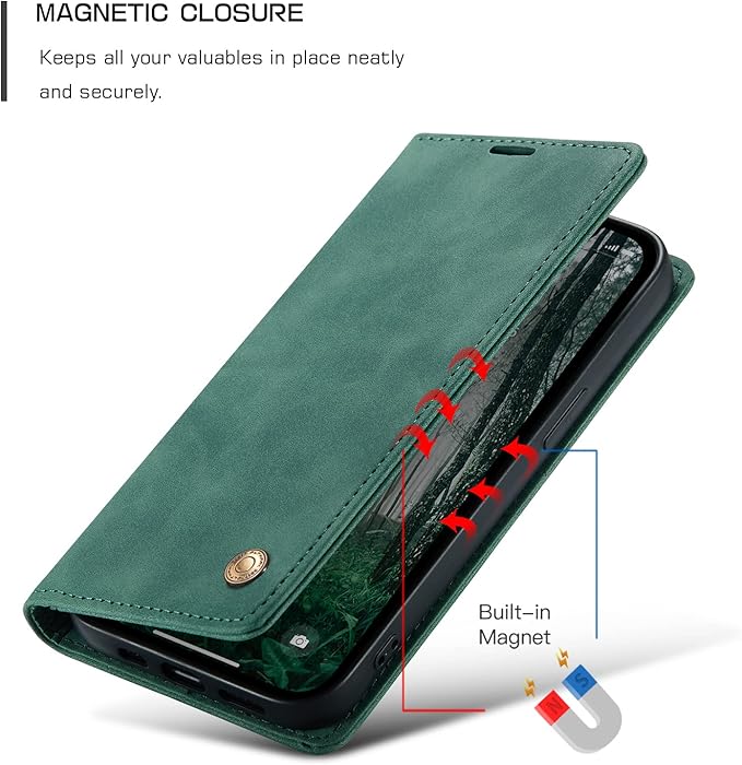 QLTYPRI Case for Samsung Galaxy S24, Vintage PU Leather Wallet Case Card Slot Kickstand Magnetic Closure Shockproof Flip Folio Case Cover for Samsung Galaxy S24 - Dark Green