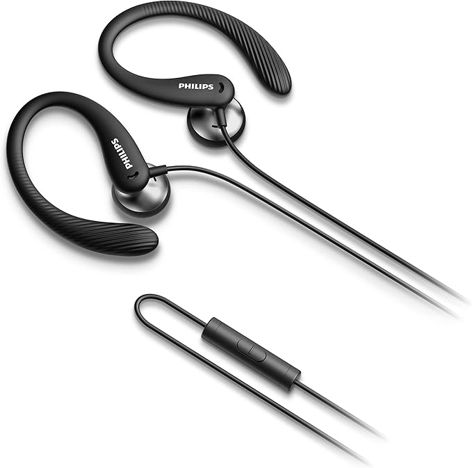 PHILIPS Over The Ear Earbuds, Flexible Wrap Around Earbuds, Around Ear Headphones with Mic Behind The Ear Headphones, Perfect for Sports, Running, Exercise, Gym (Black)