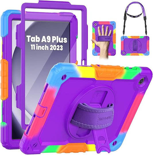 SEYMAC Case for Samsung Galaxy Tab A9+/ A9 Plus 11" (SM-X210/X216/X218), Heavy Duty Shockproof Protective Case with Screen Protector, Rotating Stand, Hand/Shoulder Strap, Purple