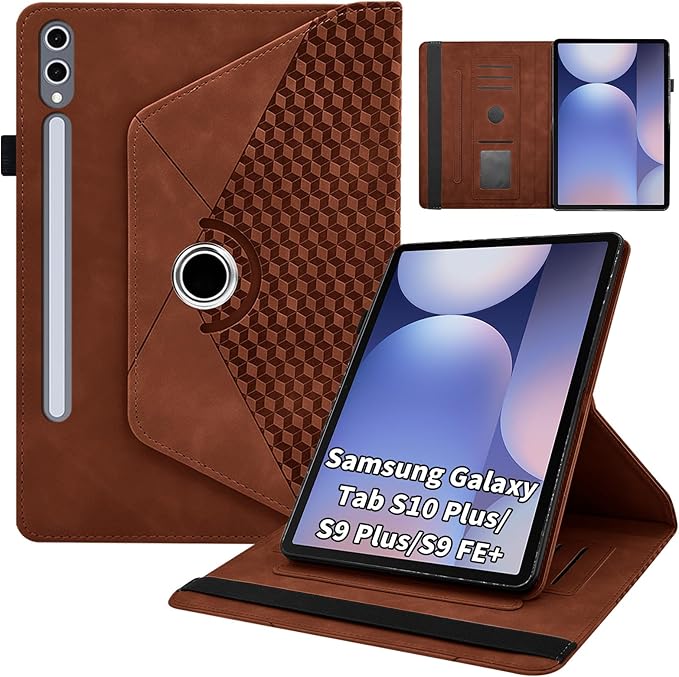 Case for Samsung Galaxy Tab S10 Plus 2024/ S9 FE Plus 5G 12.4 Inch 2023 with Pocket 360° Rotating Multi-Angle Stand Cover Auto Wake/Sleep PU Leather Business Folio Protective Cases, Brown