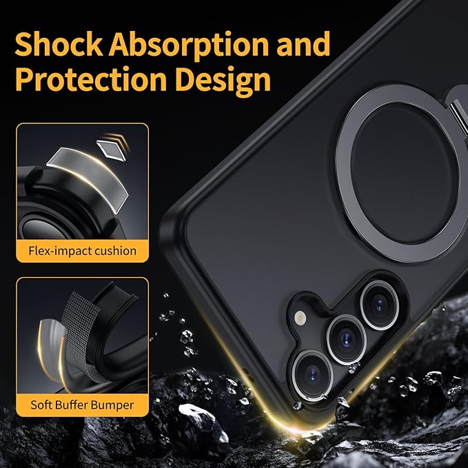 for Samsung Galaxy S25 Case,Compatible with Magsafe [Wireless Charging],with 360°Rotatable Magnetic Ring Stand Matte Translucent Slim Soft Edge Phone Kickstand,Black