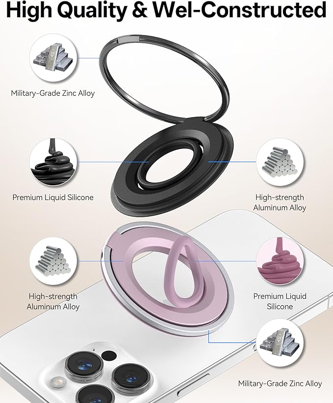[2025 Newest] Magnetic Phone Grip for MagSafe Ring Holder, Magnet Phone Grip Stand Finger Kickstand Two-Sided Magnetic Compatible with iPhone 17 Pro/Max 16 15 14 13 12 11 Plus&Android (Pink)