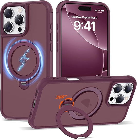 Compatible with iPhone 16 Pro Max Case with Invisible Magnetic 360°Spin Stand,Military-Grade Shockproof Protection [Compatible with Mag-Safe] Non-Slip Edge Translucent Case (6.9",Wine Red)
