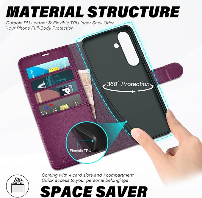 TUCCH Case Wallet for Galaxy S25 FE 5G, Kickstand [RFID Blocking] 4 Card Holder, Folio Magnetic PU Leather [TPU Shockproof Interior Shell] Protective Cover (6.7") 2025, Plum Purple