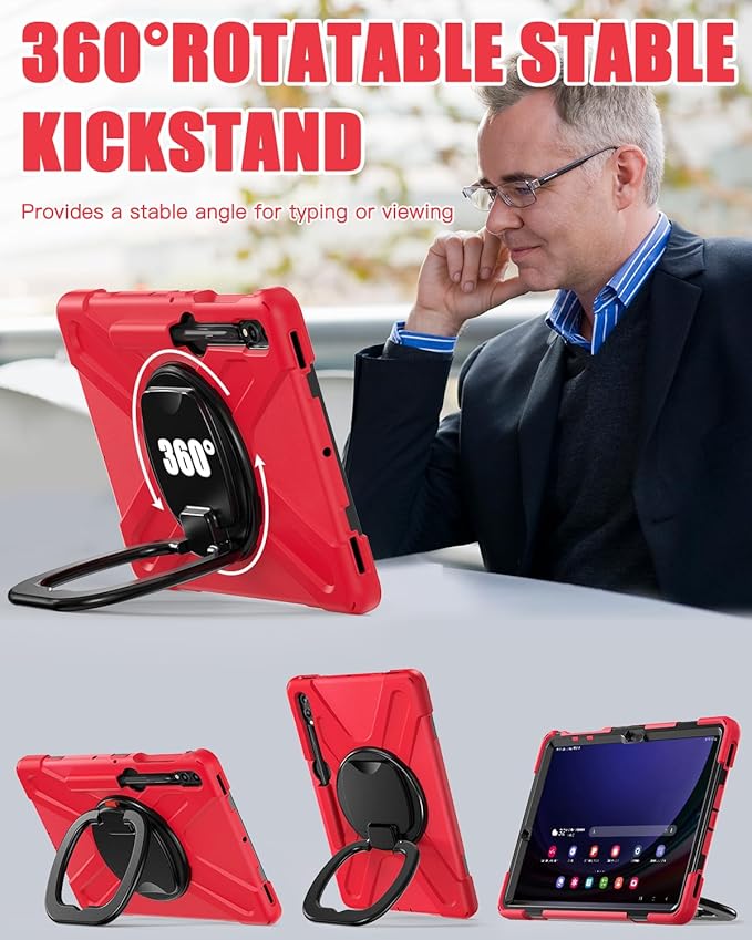 BRAECN Case for Samsung Galaxy Tab S10+/S9 FE+/S9+ 12.4” 2024 SM-X820/X610/X810, Shockproof Silicone Case with Screen Protector/S Pen Holder/Shoulder Strap/Kickstand for Galaxy Tab S8+/S7 FE/S7+,Red
