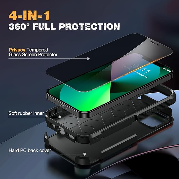 Diaclara Designed for iPhone 13 Case, [with Privacy Screen Protector] [Anti Spy] [Military Grade Drop Protection] Heavy Duty Full-Body Shockproof Phone Case, Black