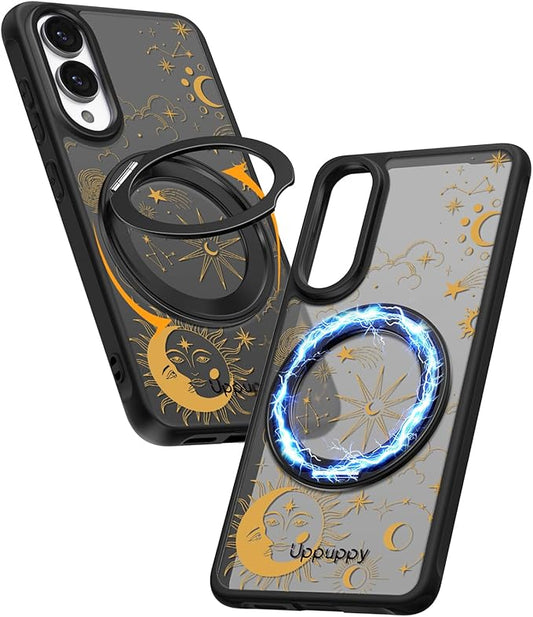 for Samsung Galaxy S25 Edge Case with 360° Rotatable Magnetic Ring - Compatible with MagSafe, Semi-Transparent Soft-Touch Material Shockproof, Cute Sun Moon Star Design for Women Girl