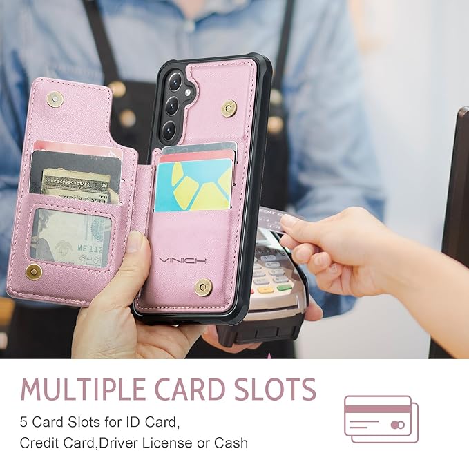 Vinich for Samsung Galaxy S24 FE Wallet Case with Card Holder, RFID Blocking Credit Slots Kickstand Shockproof Phone Cover for Women Men, Pink