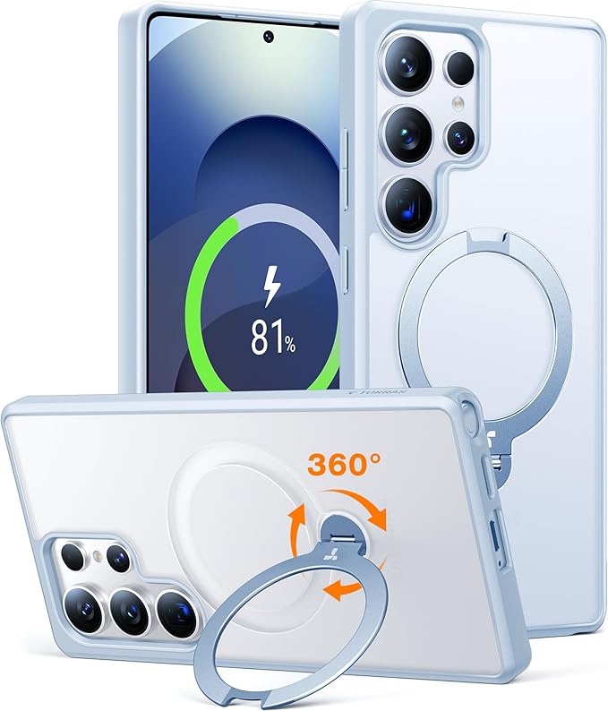 TORRAS 360° Spin Magnetic Stand for Samsung Galaxy S25 Ultra Case, Fit for Magsafe, Shockproof Slim Protective S25 Ultra Case with Kickstand for Women Men, Ostand Spin, Translucent Frosted Silverblue