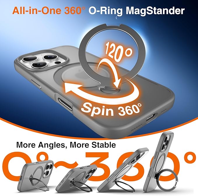 360° O-Ring MagStander for iPhone 16 Pro Case with Magnetic Kickstand Ring Holder [Compatible with MagSafe][360°Rotate Stand Ring][Military Shockproof] iPhone 16 Pro Phone Cover Matte Grey