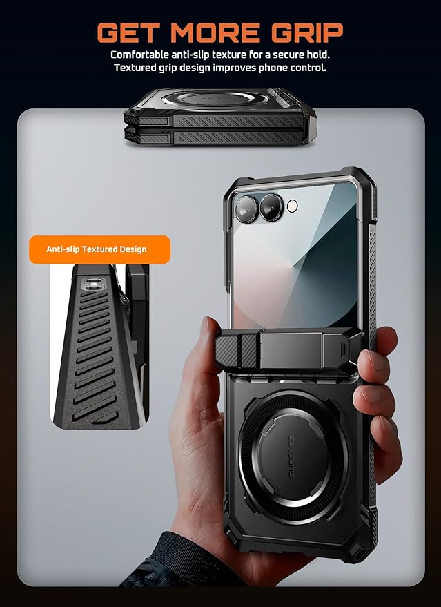 SUPCASE for Samsung Galaxy Z Flip 7 Case with Stand & Front Screen Protector (Unicorn Beetle Grip), [Support MagSafe] [Hinge Protection] Full Body Military-Grade Translucent Back Phone Cover, Black