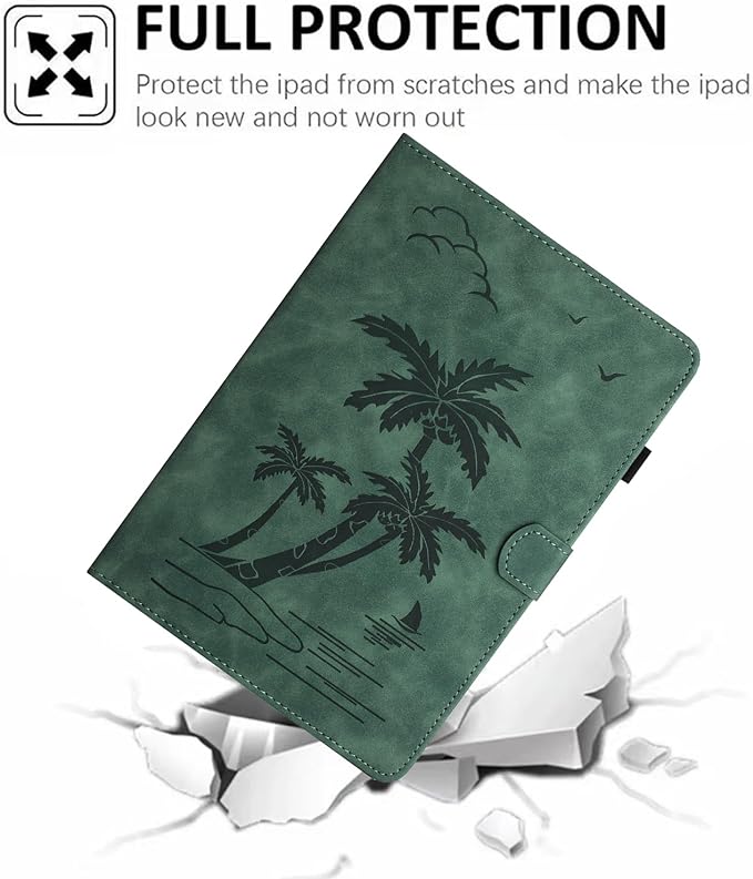 Case for Samsung Galaxy Tab A9 Plus 11 Inch 2023 2024 SM-X210/X216/X218, PU Suede Leather Stand, Coconut Tree Embossed Cover with Card Holder & Auto Sleep/Wake, Green