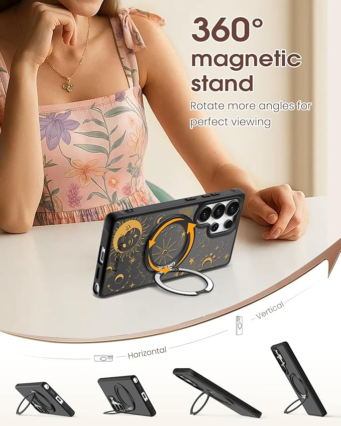 for Samsung Galaxy S25 Ultra Case with 360° Rotatable Magnetic Ring - Compatible with MagSafe, Semi-Transparent Soft-Touch Material Shockproof, Cute Sun Moon Star Design for Women Girl