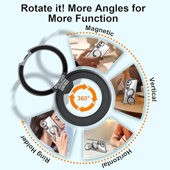 for Samsung Galaxy S24+ (Plus) Case,Compatible with Magsafe with 360°Rotatable Magnetic Ring Stand [Wireless Charging], Clear Slim Soft Edge Phone Kickstand,Clear & Black