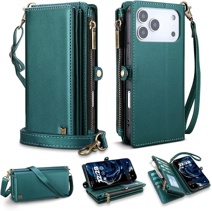 for iPhone 17 Pro Wallet Phone Case with 7 Card Holder,RFID Blocking | PU Leather | Kickstand | Flip | Wrist Strap&Shoulder Strap | Shockproof | Zipper Wallet | Women Men | 6.3" | Green