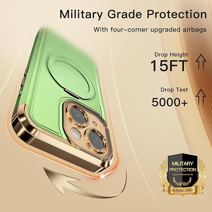 COOLQO for iPhone 13 Case 6.1'' Upgraded 360° Spin Magnetic Stand [Compatible with Magsafe][Military Protection] Plating Matte Scratch-Resistant Back Protective Shockproof Phone Case, Matcha Gold