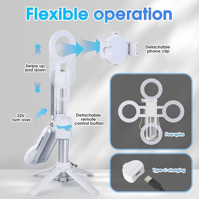 Magnetic Tripod for Phone,2 in 1 for Magsafe Stand＆ Clip Portable Pocket Size Selfie Stick for Android/iPhone,Phone Holder with Wireless Rechargeable Remote Control for Photography, Live Streaming