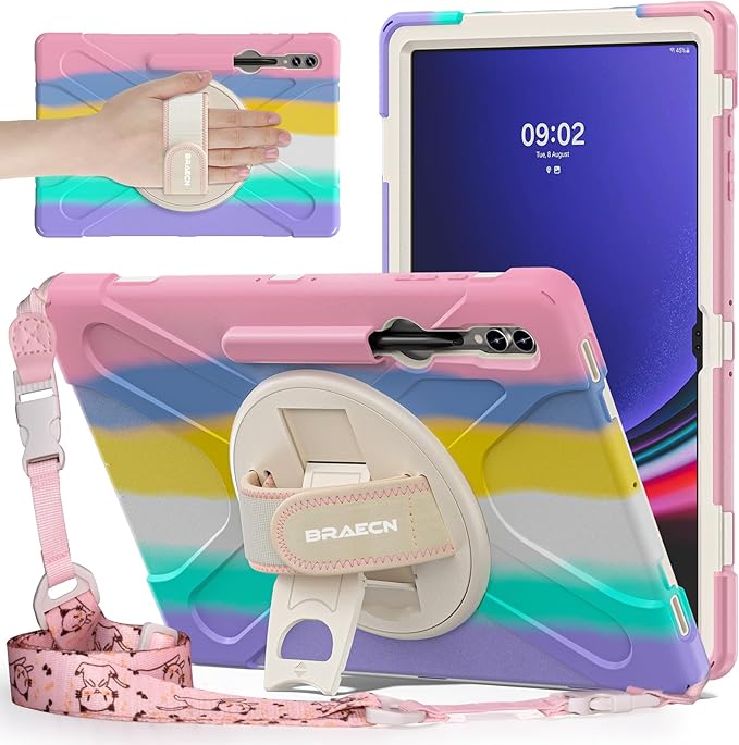 BRAECNstock Kids Case for Samsung Galaxy Tab S10 Ultra/S9 Ultra/S8 Ultra 14.6" 2024/2023/2022 Shockporoof Samsung Tablet 14.6 inch Case with Pen Holder Rotating Hand Strap & Stand - Colorful Pink