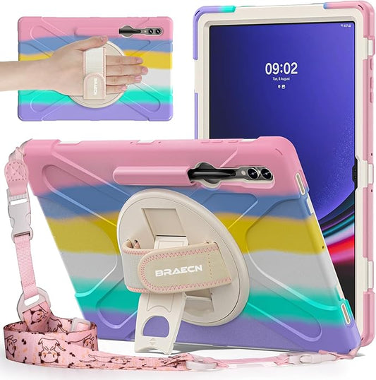 BRAECNstock Kids Case for Samsung Galaxy Tab S10 Ultra/S9 Ultra/S8 Ultra 14.6" 2024/2023/2022 Shockporoof Samsung Tablet 14.6 inch Case with Pen Holder Rotating Hand Strap & Stand - Colorful Pink