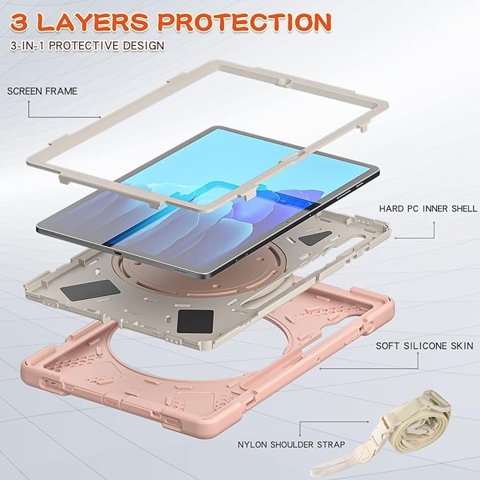 360 Rotation Portable Case for Galaxy Tab S8+/S7 FE/S7+ 12.4 Inch with S Pen Holder Rugged Rotating Stand Hand Strap Shoulder Carrying Outdoor Cover (Pink)