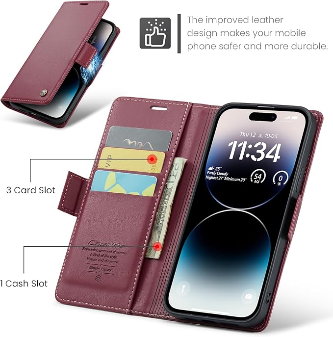 for iPhone 14 Pro Case, Premium PU Leather Wallet Case Flip Cover with [RFID Blocking][Card Holder][Stand Function] Shockproof Protective for iPhone 14 Pro 6.1 inch, Red