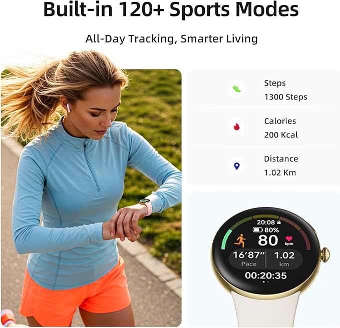 Parsonver AMOLED Smart Watch for Women Men, Always-On Display Fitness Tracker, Answer/Make Calls, 2 Quick-Release Bands, Heart Rate, Sleep Monitor, 120+ Sports Modes for Android iPhone, Champagne Gold