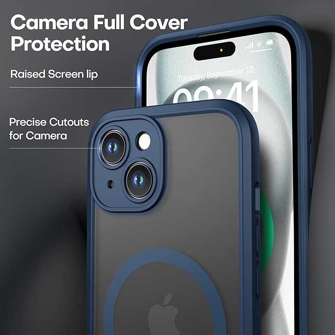 ImpactStrong Magnetic Guard Designed for iPhone 15 Case [Camera Protection] [Military Grade Drop Tested] [Compatible with MagSafe] Slim Translucent Matte Phone Case (6.1") - Navy Blue