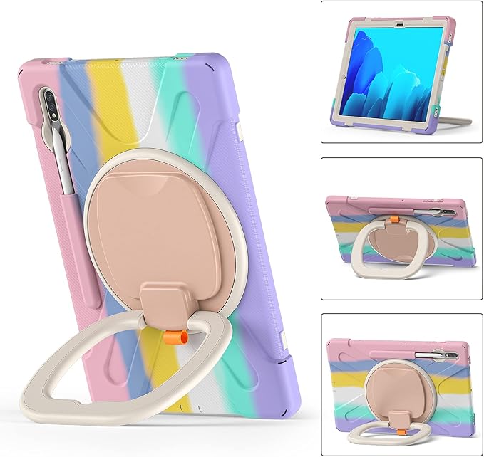 360 Rotation Portable Case for Galaxy Tab S8+/S7 FE/S7+ 12.4 Inch Case with S Pen Holder Rugged Case Rotating Stand Hand Strap Shoulder Carrying Strap Outdoor Cover (Colourful Pink)