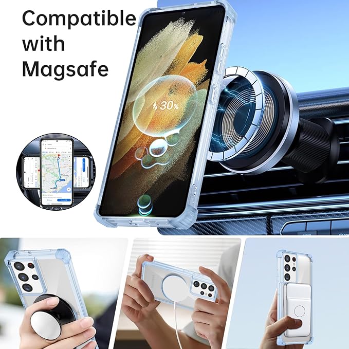 for Samsung Galaxy S21 Ultra Case Compatible Wireless Charging Magnetic,with Screen Protector,for S21Ultra Phone Case with 360°Stand Ring Military Grade Shockproof Heavy Duty Protection Blue