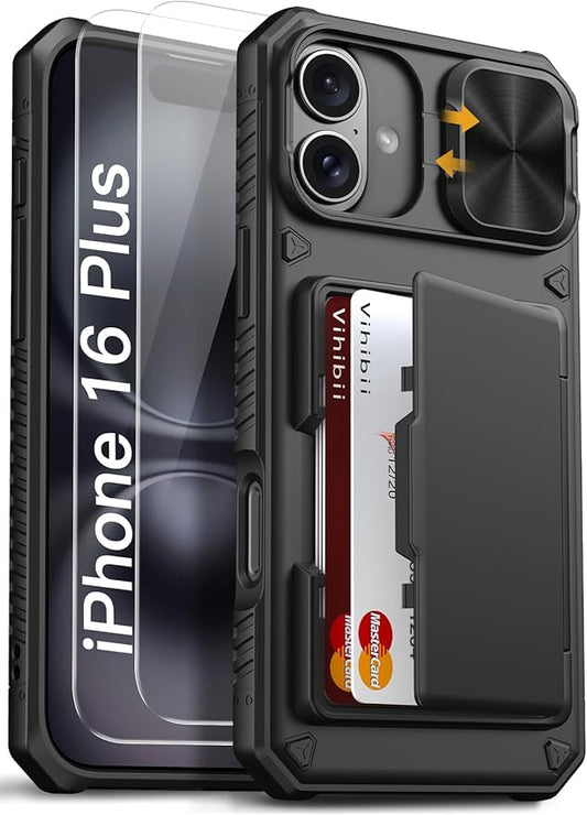 Vihibii for iPhone 16 Plus Case with [2X Screen Protector], Built-in Card Holder (4 Cards), [RFID Blocking] & Slide Camera Cover & Tempered Glass Films, Rugged Wallet Case for 16 Plus 6.7" 2024, Black