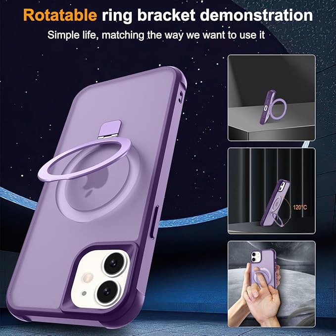 Magnetic Compatible with iPhone 11 Case with Stand [Military Grade Drop Tested][Compatible with Magnet] Ring Translucent Slim Hard Back Soft Edge, Purple