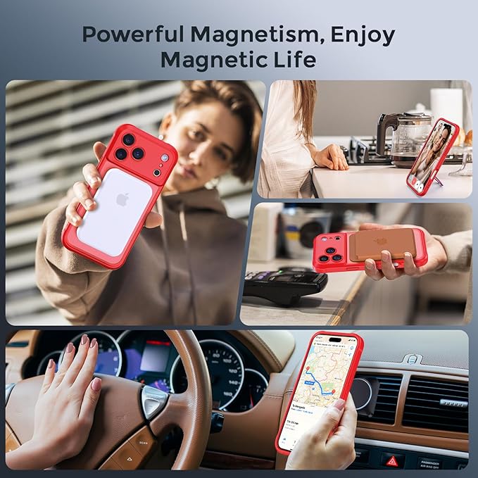 MOCCA Compatible with iPhone 17 Pro Case with Magnetic Invisible Stand [Full Camera Protection] [Compatible with Magsafe] Military Drop Shockproof Translucent Matte Phone Case Cover 6.3",Red