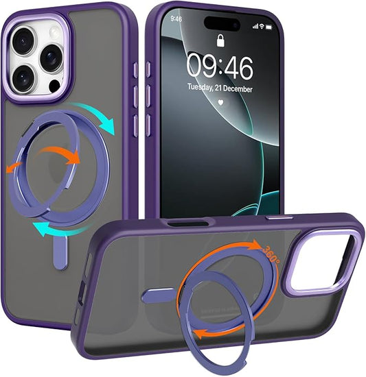 ZIYE Magnetic Case for iPhone 16 Pro Case with Stand [Compatible with MagSafe] Slim Shockproof Military Grade Heavy Duty Cover with 360 Rotatable Ring Kickstand for Women Men, Translucent Purple