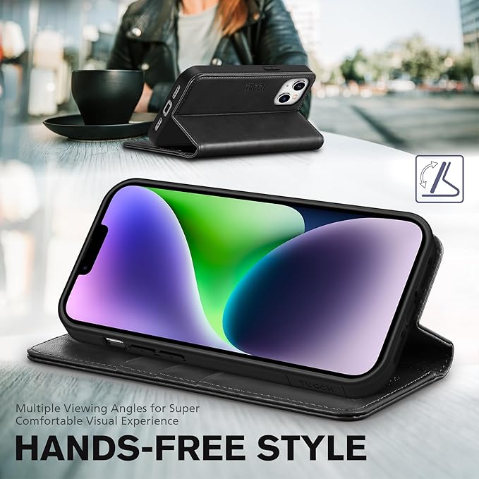 TUCCH Case Wallet for iPhone 14 6.1", [3 Card Holder] Slots [RFID Blocking] Stand Flip Folio PU Leather Cover, with [TPU Shockproof Interior Case] Compatible with iPhone 14 2022, Classic Black