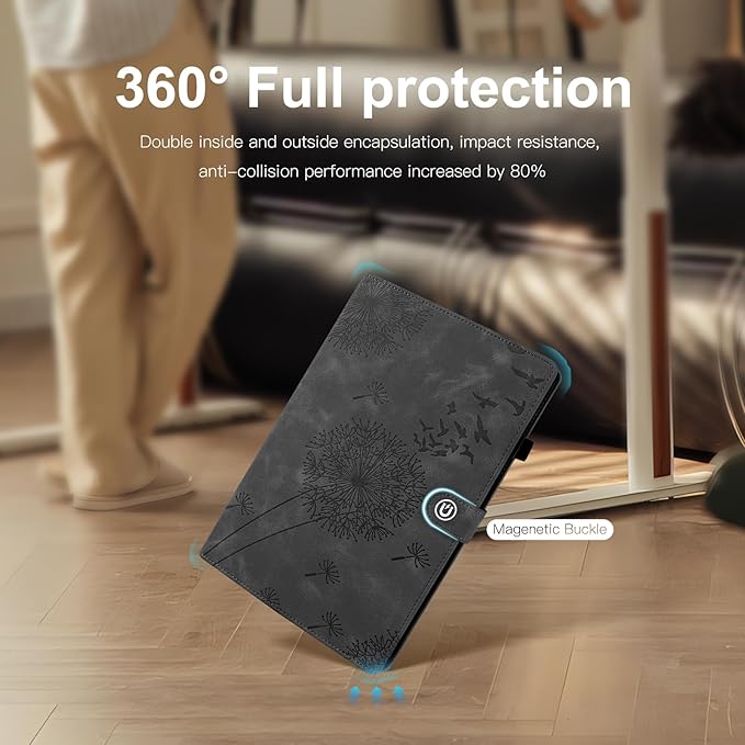 Dandelion Cover for Galaxy Tab A9 Plus Case (SM-X210/X216/X218, 11 Inch 5G), Artsy Design, Premium Faux Leather Made, Card Slots, Kickstand, Black