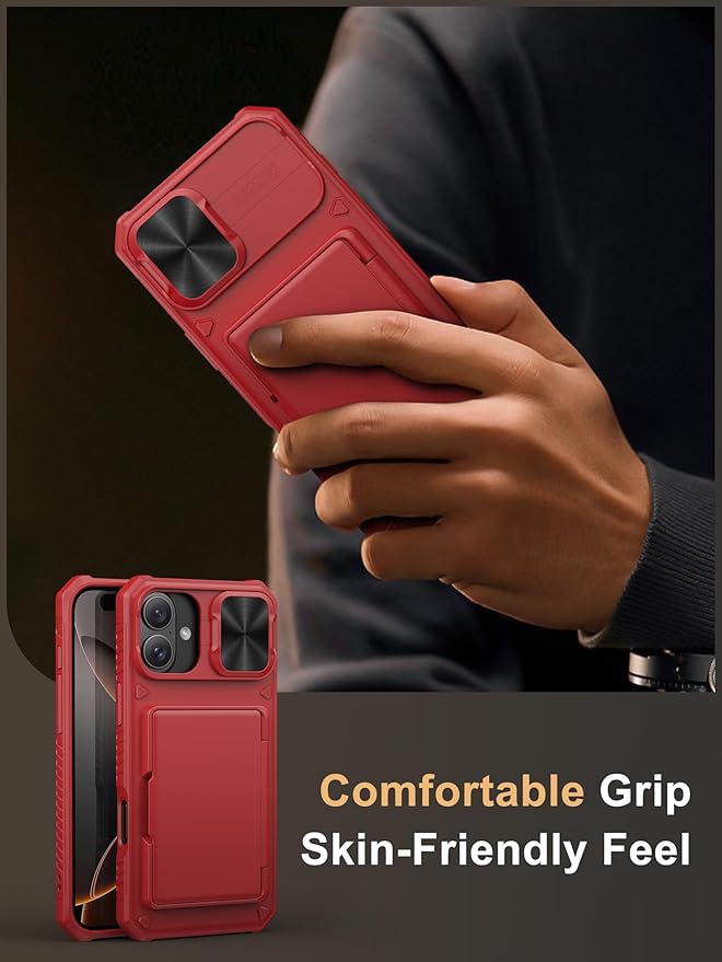 Vihibii for iPhone 16 Plus Wallet Case with Card Holder (4 Cards) [RFID Blocking] & Slide Camera Cover & Raised Edges Protect Screen, Shockproof Rugged Phone Case for iPhone 16 Plus 6.7", Red