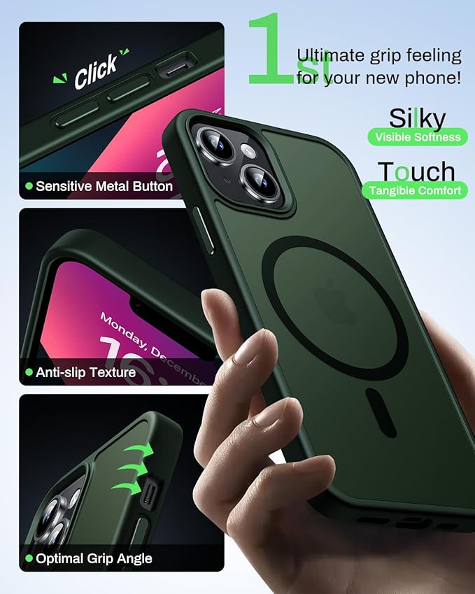 Magnetic for iPhone 13 Case & iPhone 14 Case, Compatible with MagSafe, Military Grade Drop Protection, Slim Fit Shockproof Anti-Fingerprint Translucent Matte Phone Protective Cover, Deep Green