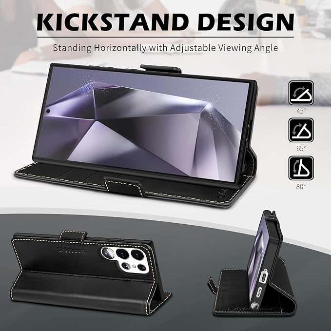 SHIELDON Case for Galaxy S25 Ultra 6.9", Genuine Leather Folio Wallet Case RFID Blocking Card Holder Folio Magnetic Stand Shockproof Protective Cover Compatible with Galaxy S25 Ultra 5G - Retro Black