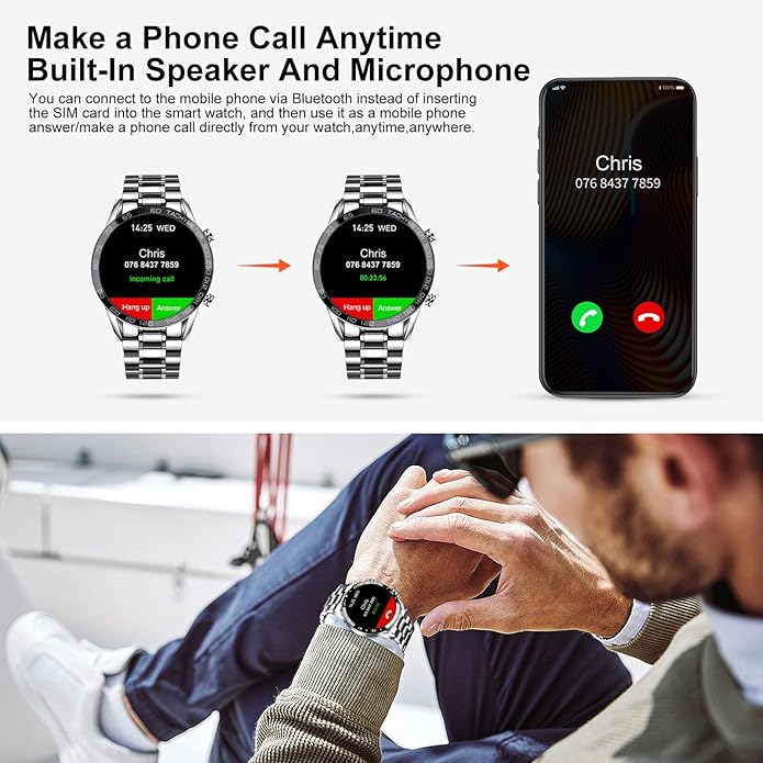 FILIEKEU Men Smart Watch for Android iOS, Bluetooth Calls Voice Chat with Heart Rate/Sleep Monitor Fitness Tracker, 1.3" Full Touch Screen IP67 Waterproof Stainless Steel Activity Tracker for Men