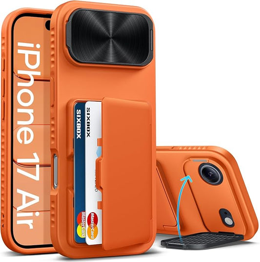for iPhone Air Case with Credit Card Holder, Built-in Camera Cover Stand, Silicone Bumper Raised Edge Multifunctional Wallet Full Body Protective Phone Cover Case for iPhone Air 2025, Orange