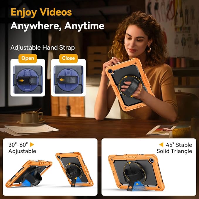 Case for Samsung Galaxy Tab A9+/A9 Plus 11 Inch 2023(SM-X210/X216/X218), Ubearkk Full-Body Drop Protection Case with Screen Protector, 360° Rotating Stand and Hand/Shoulder Strap, Orange