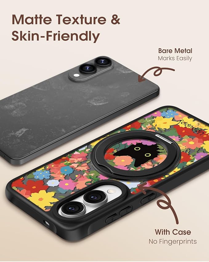 for Samsung Galaxy S25 Edge Case with 360° Rotatable Magnetic Ring - Compatible with MagSafe, Semi-Transparent Soft-Touch Material Shockproof, Cute Black Cat & Flower Design for Women Girl