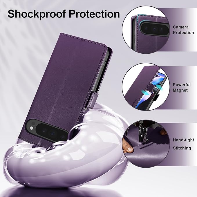 Wallet Flip Case for Google Pixel 9 Pro XL - [RFID Blocking] Luxury PU Leather Card Holder Magnetic Phone Cover with Kickstand,Shockproof Protective Case,Purple